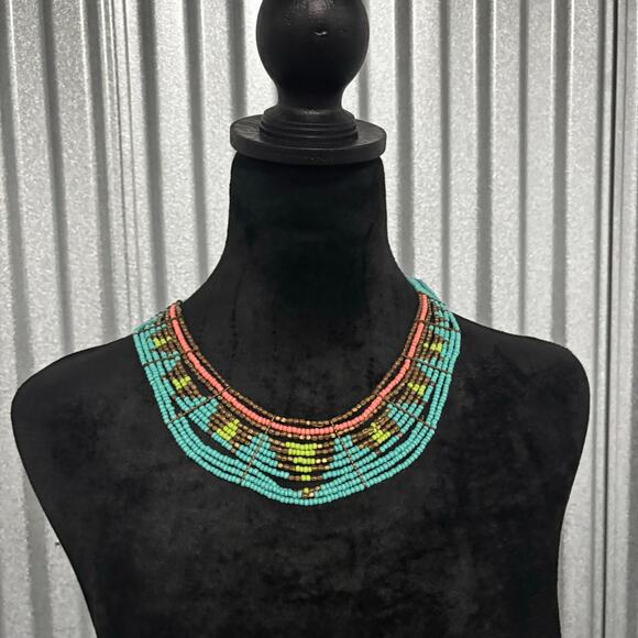 Boho Seed Bead Bib Necklace Multicolor Tribal Adjustable Statement Collar - Picture 6 of 12